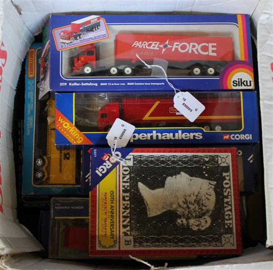 18 postal-related diecast delivery trucks, PTT Buses etc, inc Corgi, Siku & Matchbox, some export & l/e issues (VG, boxes F-G)(-)